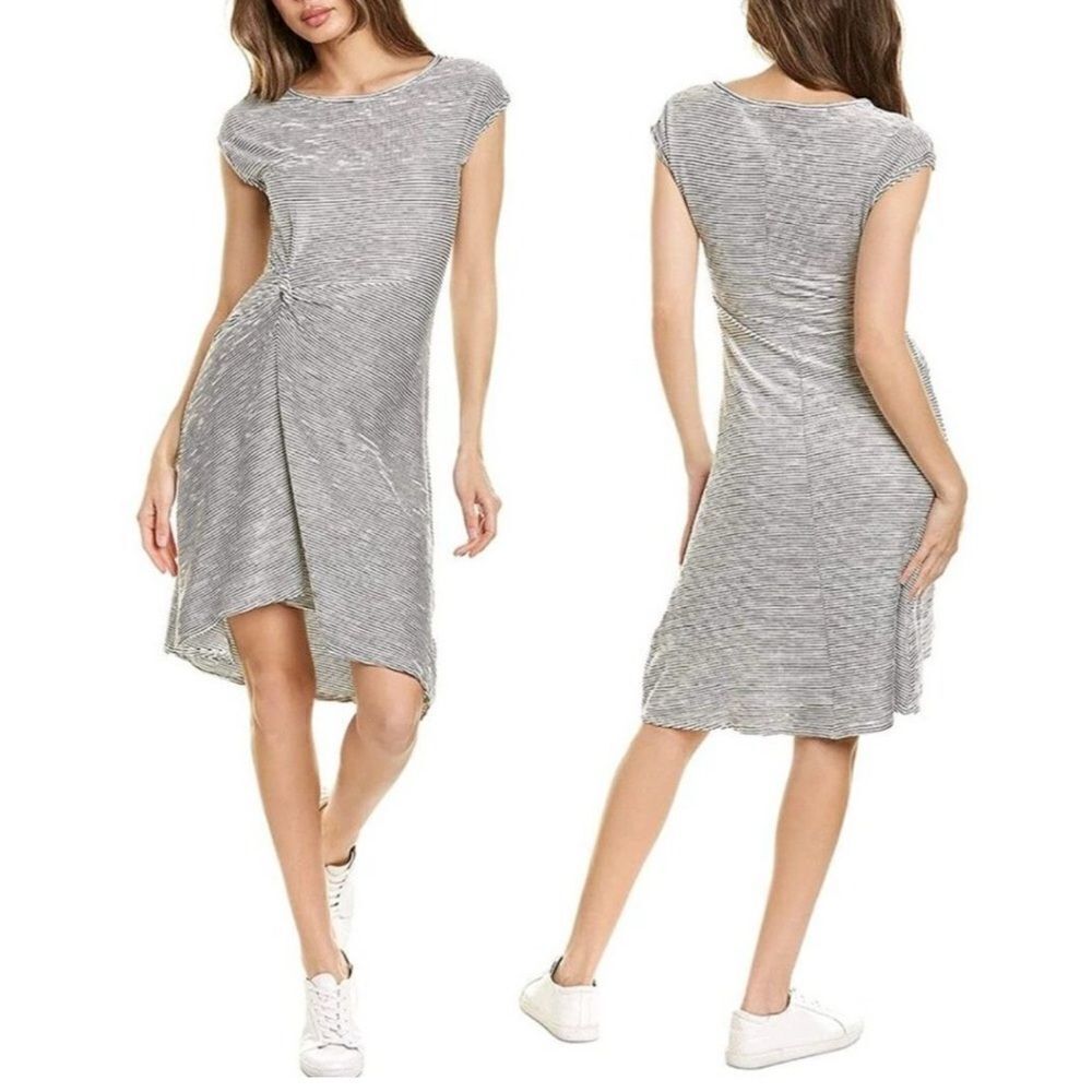 Max Studio Stripe Textured Knit Cap Sleeve Asymmetrical Dress White/Black M NWT